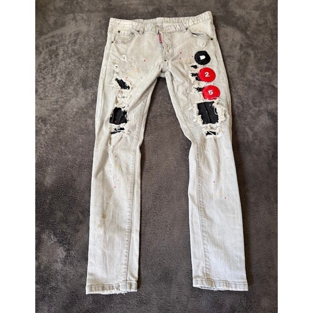 Dsquared2 Classic Kenny Jean Grey Distressed Paint Splatter Patch Mens 32X29